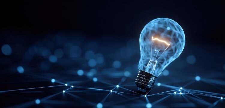 Innovative glowing light bulb with digital network connections on dark