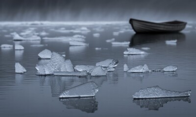 A grayscale scene of ice floes and a small boat on a calm water body