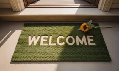A green doormat reads "WELCOME," next to a sunflower under a partially open door
