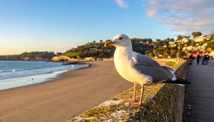 Seagull perched on a coastal wall, overlooking a sandy beach and ocean at sunset