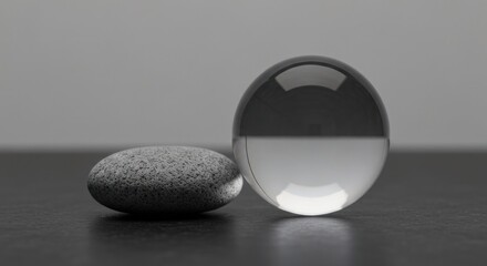 A grey, smooth stone sits beside a clear orb, half reflecting a dark grey environment