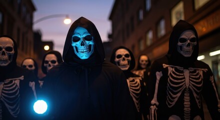 A group of hooded figures in skeleton attire with glowing faces walking down a street