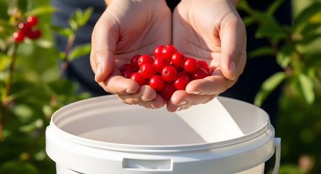 A pair of hands presenting a collection of shiny red cherries above a white bucket in a sunlit orchard, emphasizing the freshness, organic nature, and vibrant color of a bountiful summer cherry harves