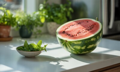A halved watermelon and mint on a kitchen counter near a window with plants