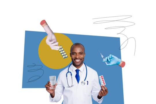 Creative image picture young cheerful doctor prescribe pills dose antibiotics injection needle stethoscope medicament treatment