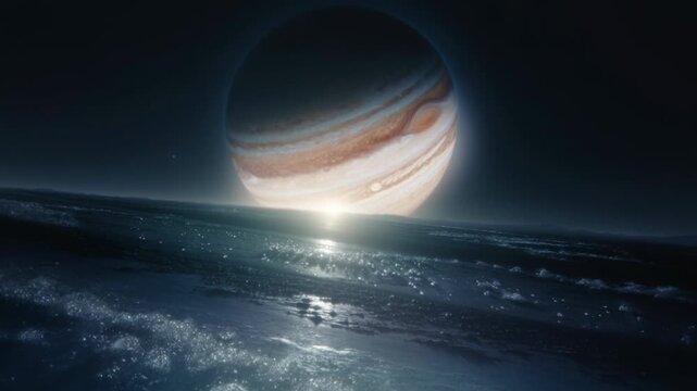 Jupiter as seen from one of its moons. The horizon glows softly while ice crystals scatter the first light.
