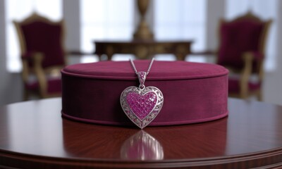 A heart-shaped pendant with pink gems sits atop a velvet box on a table, classic style