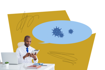 Creative collage picture young doctor man tablet device bacteria illness diagnosis consultation prescribe treatment covid19 drawing doodles