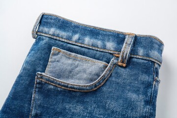 Closeup shot of denim jeans showcasing the waistband front pocket and belt loop