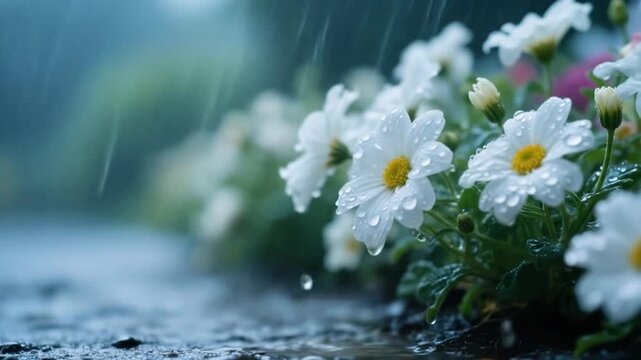 Tranquil rain scene featuring delicate white daisy blossoms, glistening droplets on petals and
