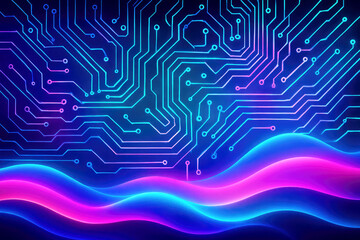 Abstract digital circuit board with flowing neon waves of blue and pink light technology electronics
