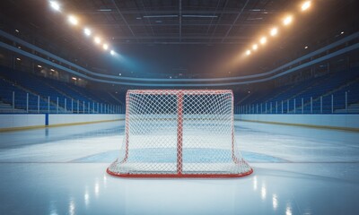 A hockey goal on an ice rink, empty arena with bright overhead lights and blue seating