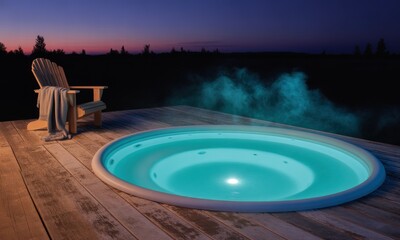 A hot tub glows on a wooden deck at dusk, with a chair and steam rising