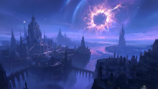 Ethereal metropolis under a celestial anomaly, a fantasy city illuminated beneath strange cosmic