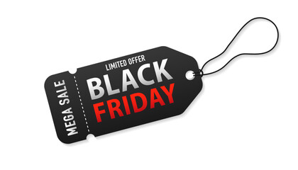 Black Friday sale. Black tag on isolated white background. Vector Tag for Exclusive Deals. Black Friday design, sale, discount, advertising, marketing price tag. Vector illustration