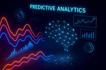 Abstract Neon Data Waves and Digital Brain for Predictive Analytics artificial intelligence
