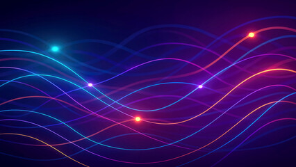 Abstract Network of Glowing Neon Lines and Points on a Dark Purple Background 