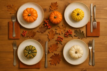 Mini pumpkins on plates with cutlery napkins autumn leaves and berries on wooden table flat lay composition.