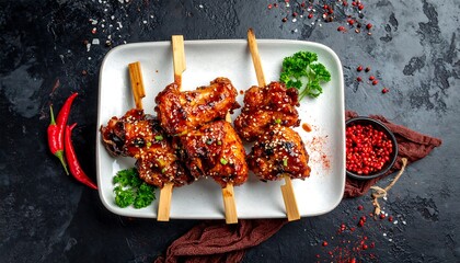 Grilled chicken skewers on a white plate, garnished with herbs and spices, on a dark background