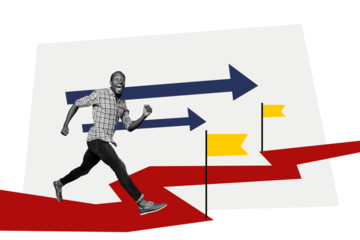 Composite photo collage of happy american guy receive promotion development path flag aim career success isolated on painted background