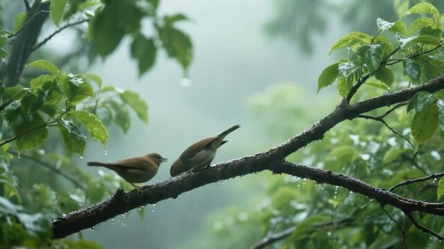 Birds perched on a branch during a downpour sequence, showing tranquility and nature's resilience,