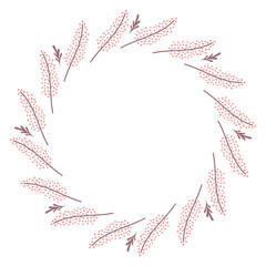 Pink Muhlenbergia Wreath. Minimal Floral chaplet with cute muhly sprigs and leaves. Flat vector illustration for card poster invitation design