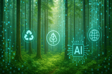 AI and environmental icons in a lush green forest with digital overlay artificial intelligence nature