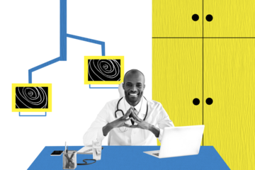Composite trend sketch collage of workspace young man smile sit table scientist work research doctor diagnosis laboratory work laptop