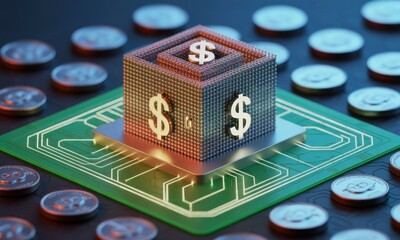 A 3D rendering of a cube with dollar signs atop a circuit board, surrounded by coins