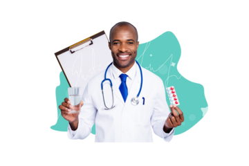 Composite trend artwork sketch image collage of medical service young man doctor work patient checkup pills drugs glass drink clipboard