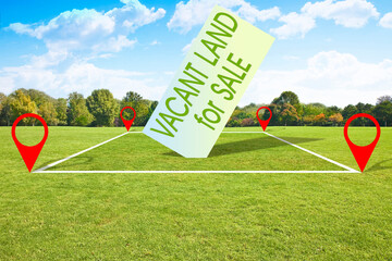 Land plot management - real estate concept with a vacant land billboard on a green field available for building construction and housing subdivision in a residential area for sale
