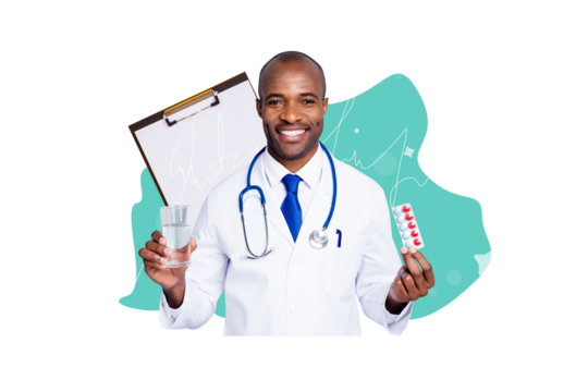 Composite trend artwork sketch image collage of medical service young man doctor work patient checkup pills drugs glass drink clipboard