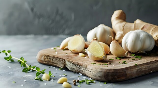 Garlic and Ginger on Wooden Cutting Board with Herbs