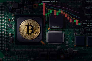 Gold bitcoin symbol on computer circuit board with stock market chart trends showing fluctuations