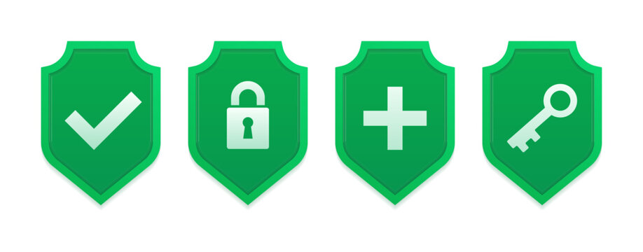 Render shield with padlock, key, cross and tick sign. Concept of privacy, good password, secure data protection. Set of digital security icons. Vector illustration