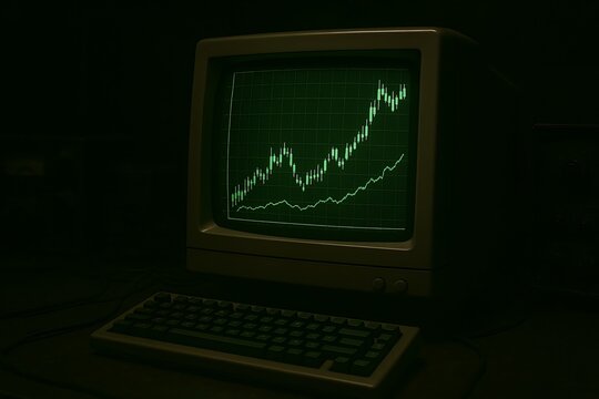 Retro CRT Monitor Displaying Green Stock Market Candlestick Chart