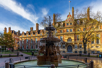 Leicester Town Hall Square fountain in Leicester city centre , England, Uk