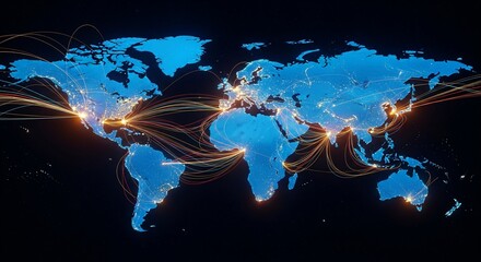 Abstract visualization of global trade, glowing map with light trails connecting continents
