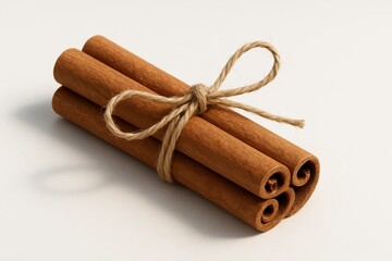 Cinnamon sticks tied with twine, close-up natural spice on white background.