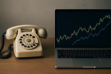 Evolution of Communication and Finance: Vintage Rotary Phone with Modern Stock Market Laptop