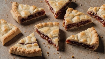 Close-up of several triangular pastries, filling visible, on parchment paper