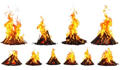 Nine different stages of a campfire's flames and embers.  Isolated against a white background.  Burning wood piles in various stages of intensity, from low to high