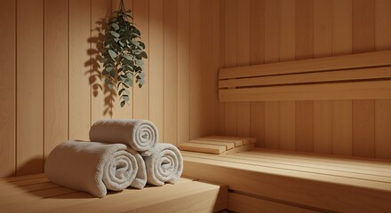 Sauna Room with Wooden Walls and Bench Featuring Rolled Towels and Eucalyptus Branch