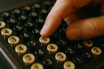 Close-up of Hand Pressing '5' Key on Vintage Mechanical Calculator