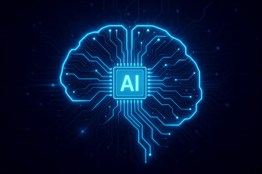 Blue glowing AI brain circuit board with central processor on dark background artificial intelligence