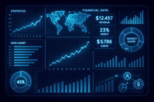 Blue digital interface displaying statistics, financial data, and market share charts graphs