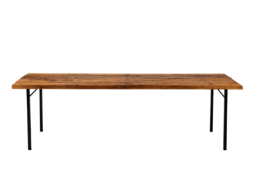 A long, rectangular wooden table with dark metal legs, isolated against a black background