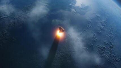 A cinematic reconstruction of a massive asteroid impact on early Earth. The camera begins in orbit, showing the rock’s descent through atmosphere. It crashes into the ocean in blinding light, vaporizi