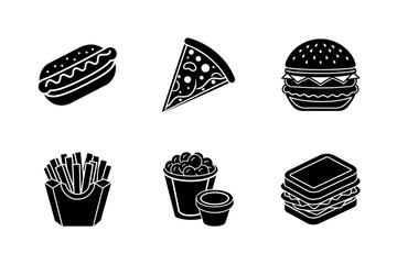 Black Silhouette Fast Food Icons Set- Burger, Pizza, Hot Dog, Fries, Popcorn, and Sandwich Vector