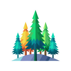 Minimal realistic colorful vector art of a pine tree forest, flat vector style clipart , no shadow, no gradient, white background